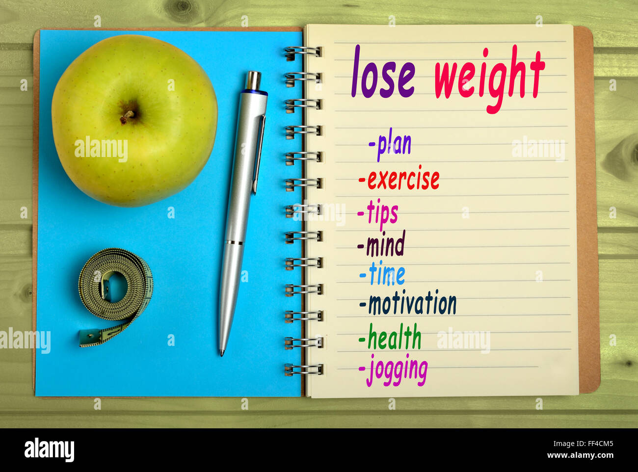 Verlieren Sie Gewicht Wörter auf notebook Stockfoto