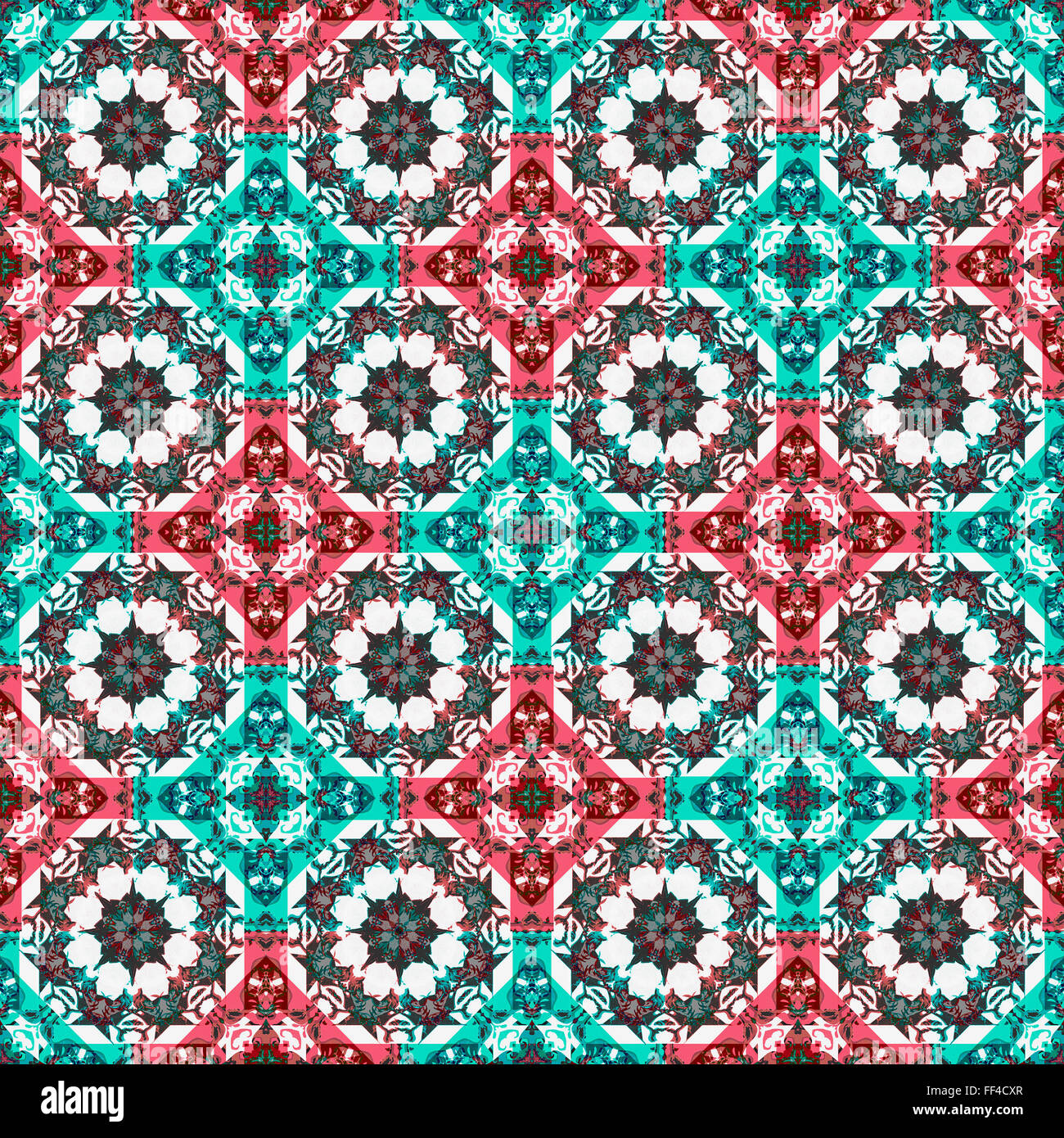Digitale Kunst Luxus geometrische abstrakte islamischen oder Barock Stil verzierten nahtlose Karomuster in kontrastreichen rot und Cyan-Töne Stockfoto