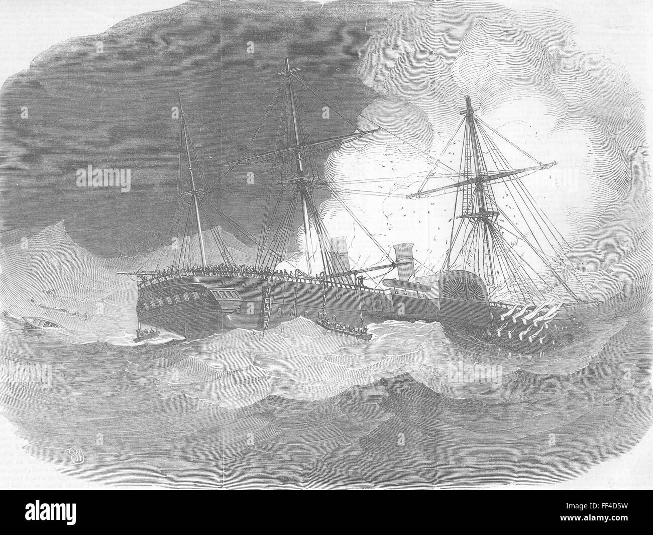 Versand Amazon Mail Schiff Flammen-Überlebenden, Rettungsboote 1852. Illustrierte London News Stockfoto