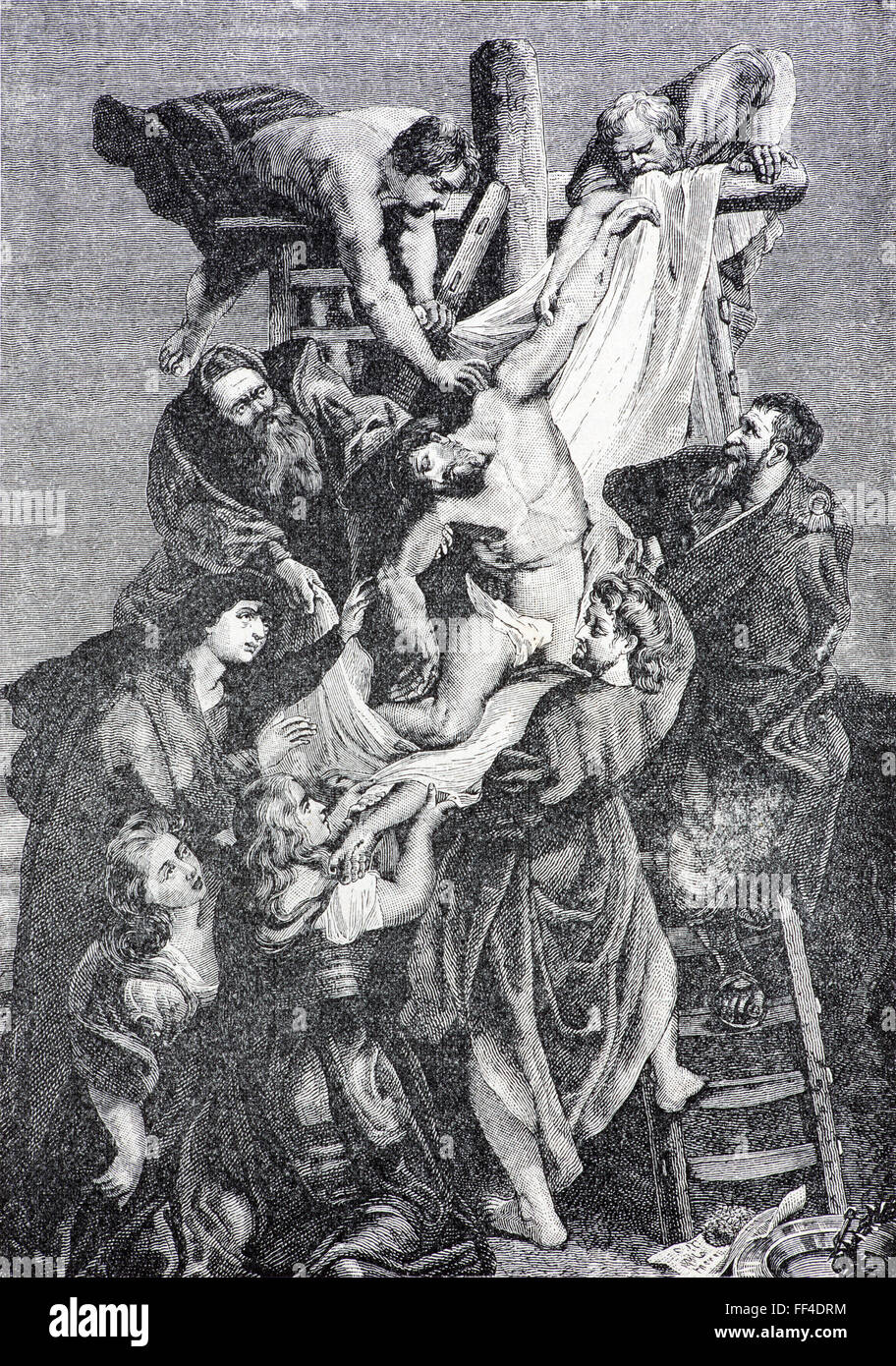 SEBECHLEBY, Slowakei - 27. Juli 2015: Die Lithographie der Ablagerung des Kreuzes nach Rubens (1906), unbekannten Künstlers. Stockfoto