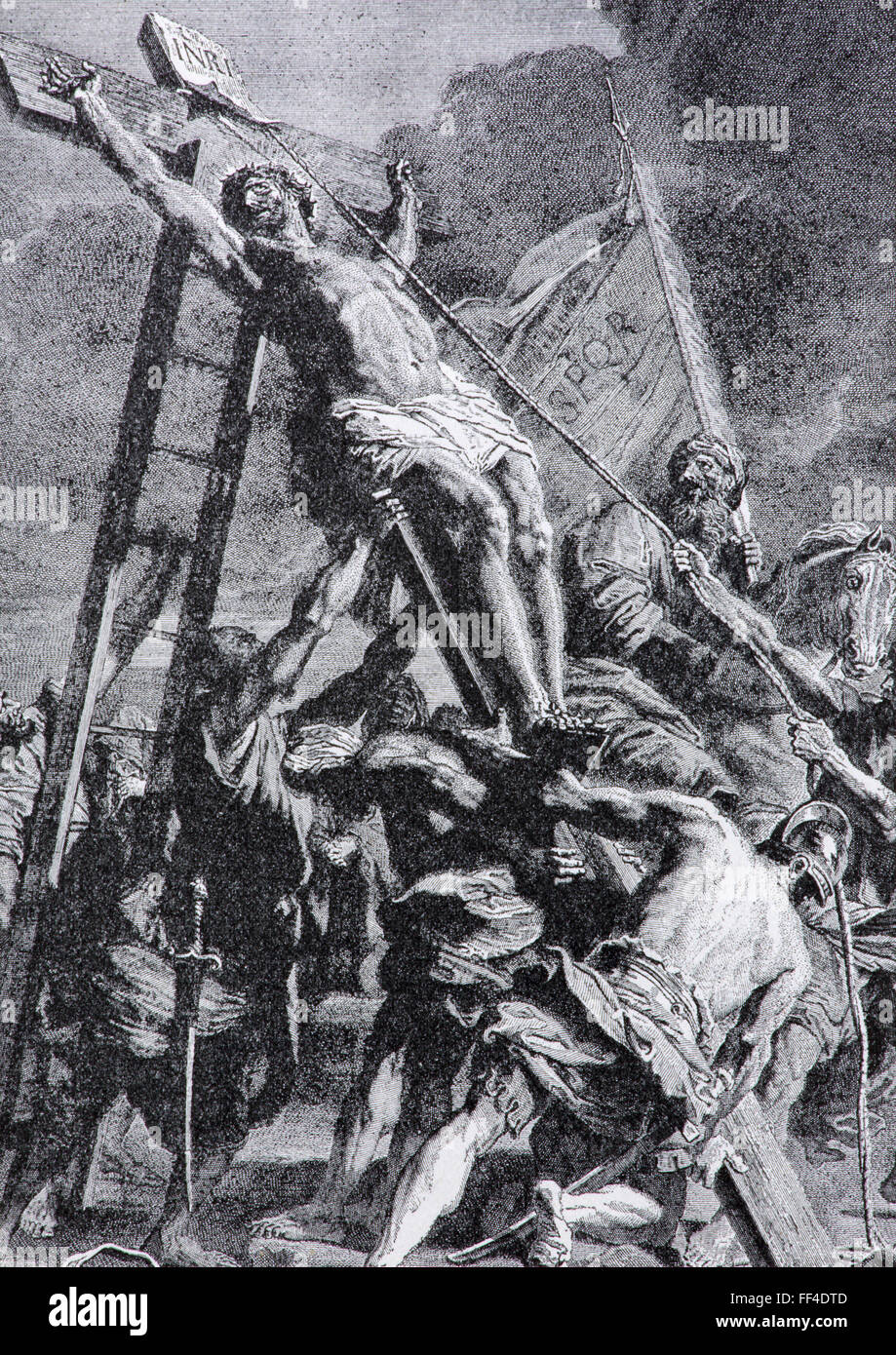 SEBECHLEBY, Slowakei - 27. Juli 2015: Die Lithographie der Höhe des Kreuzes (1906), unbekannten Künstlers, gedruckt in Trnava. Stockfoto