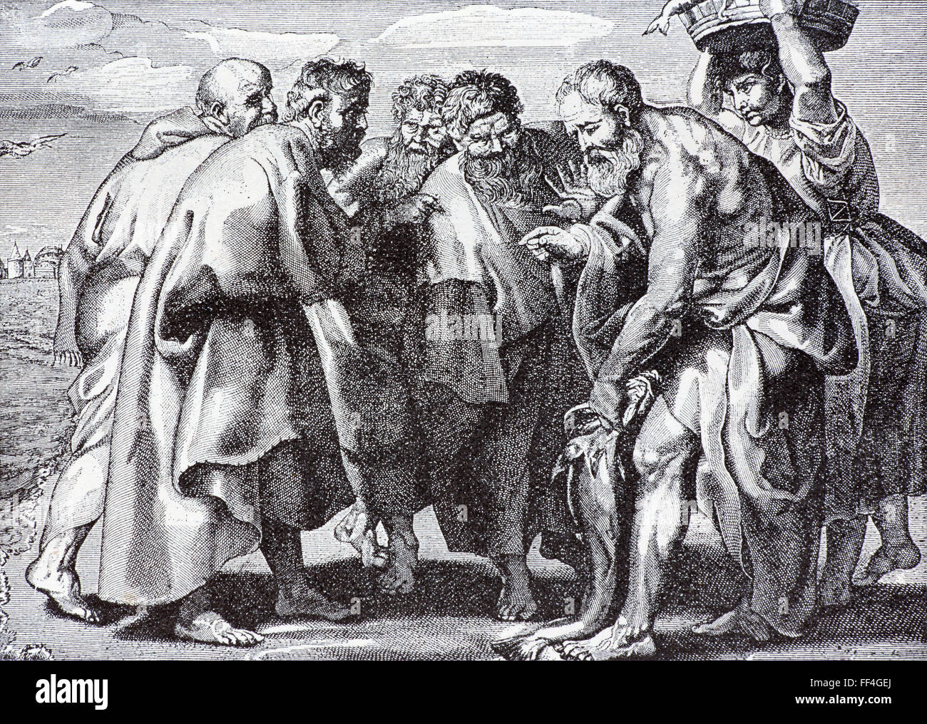 Die Lithographie des neuen Testaments Szene nach Rubens. Schlepptau Drahma in den Mund des Fisches. Stockfoto