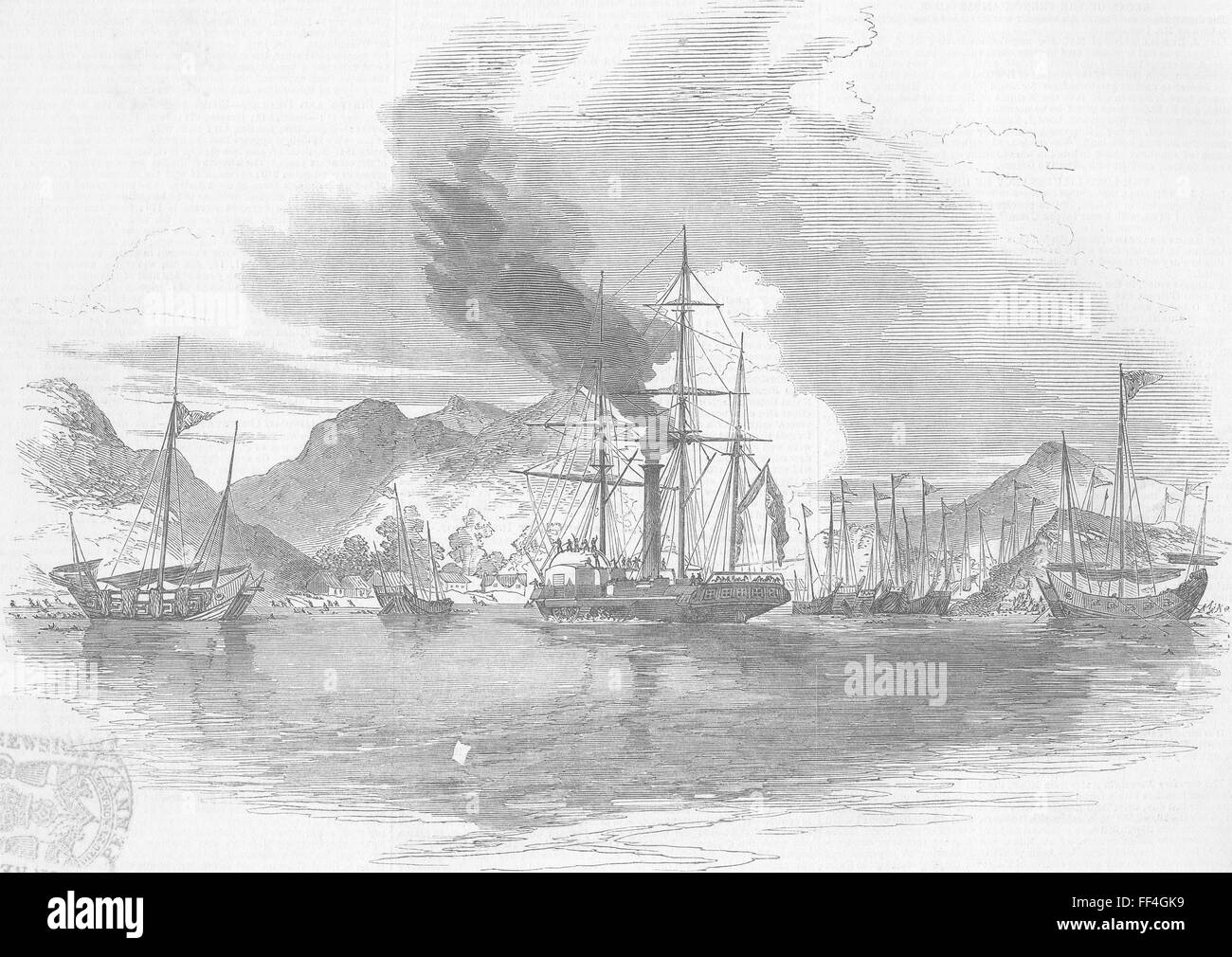 HONG KONG Erfassung der Piraten Dschunken, der Mir-Bucht, Medea 1850. Illustrierte London News Stockfoto