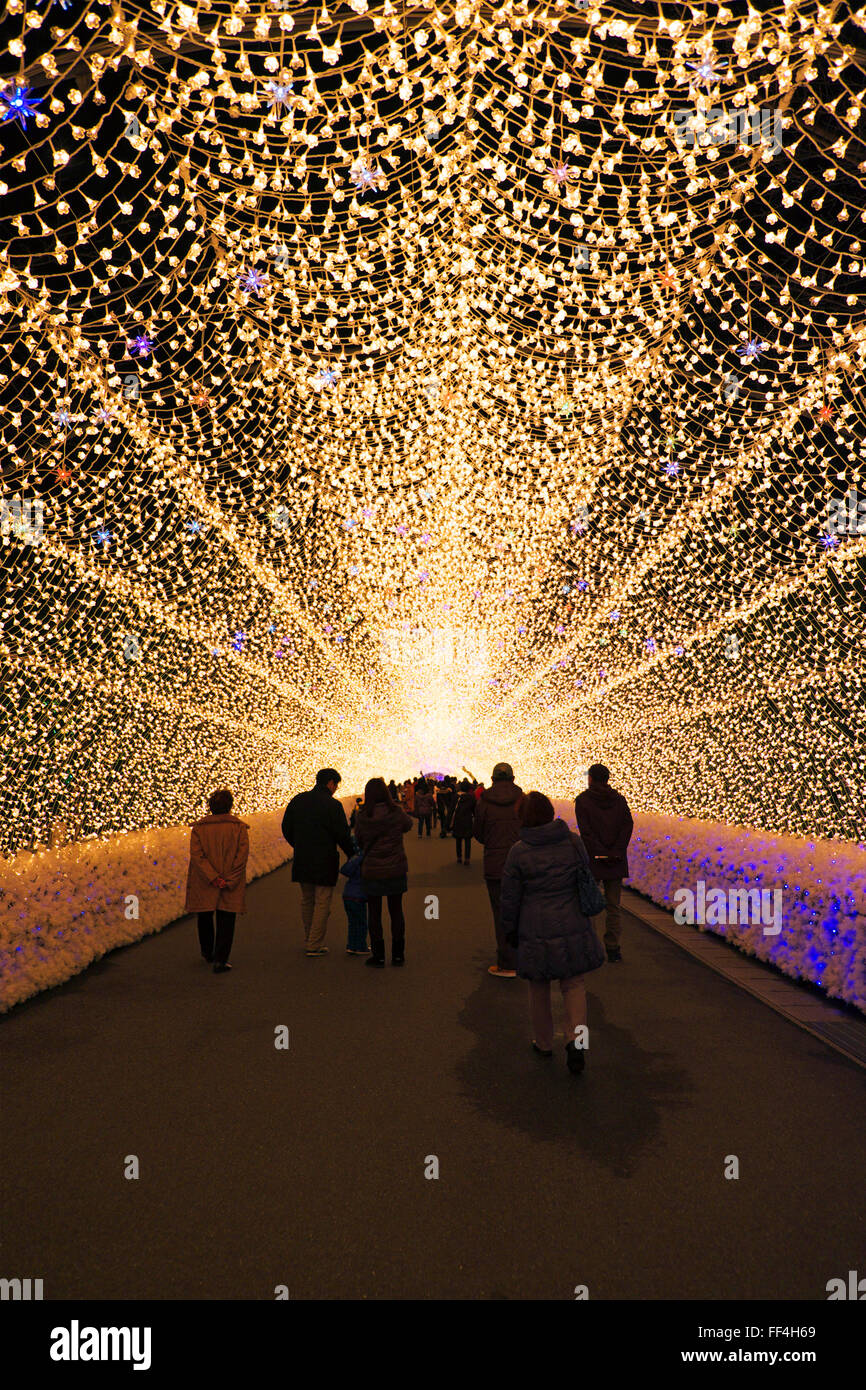 Winter-Beleuchtung in einem Licht tunnel am Nabana no Sato Stockfoto