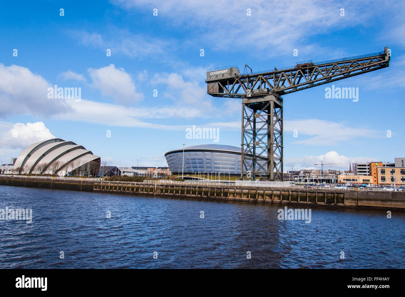 Blick auf die hydro Konzert Arena und secc Messegelände mit finnieston Kran auf der Seite. Glasgow, Schottland, Großbritannien. Stockfoto