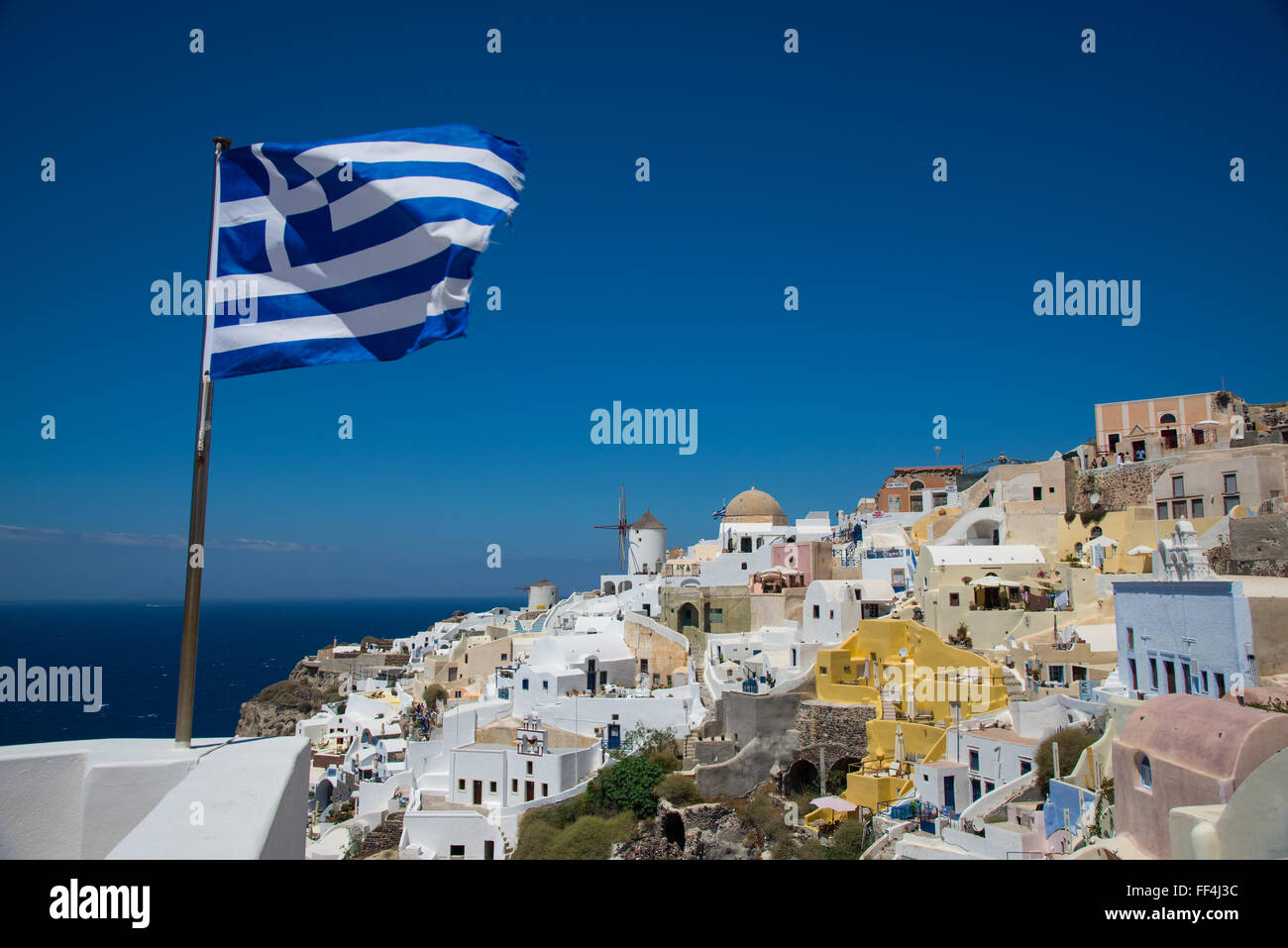 Blick auf Dorf Oia auf Santorin Griechenland Stockfoto