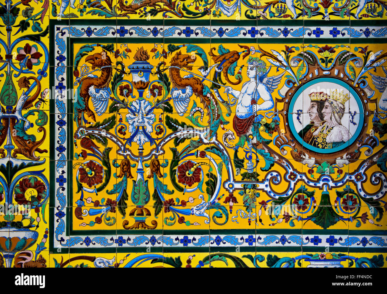 Azulejo, bunte Keramikfliesen, die mit dem Porträt von Königin Isabella i. von Kastilien und König Ferdinand II. Von Aragon Stockfoto