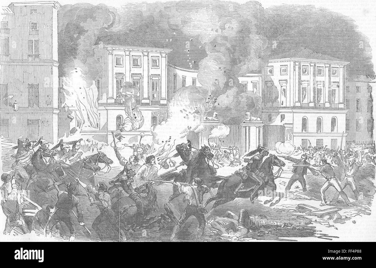 Spanien Rebellen brennenden Christinas Palace, Madrid 1854. Illustrierte London News Stockfoto