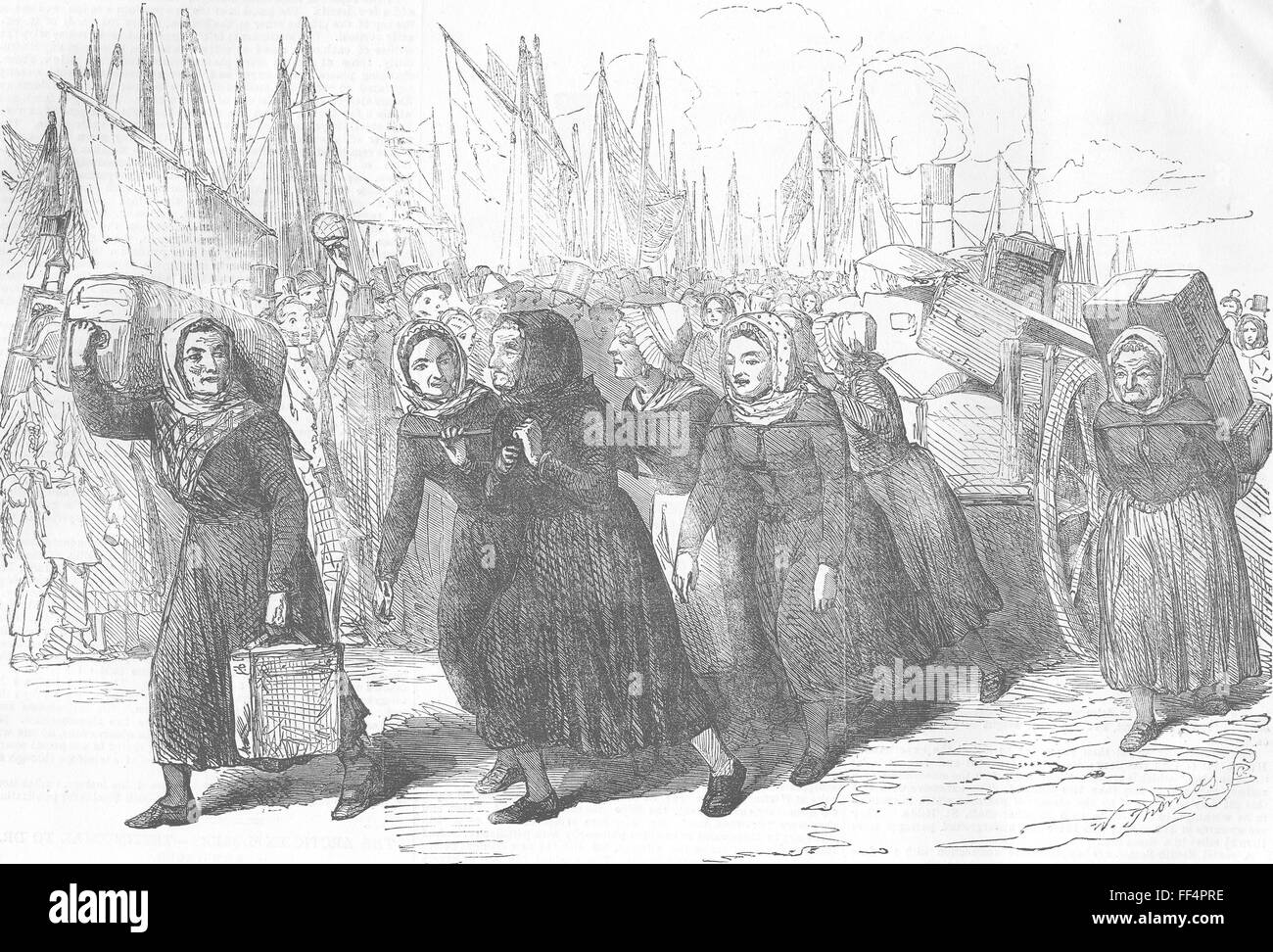 Frankreich Boulogne Fishwomen tragenden Krankenschwestern Gepäck 1854. Illustrierte London News Stockfoto