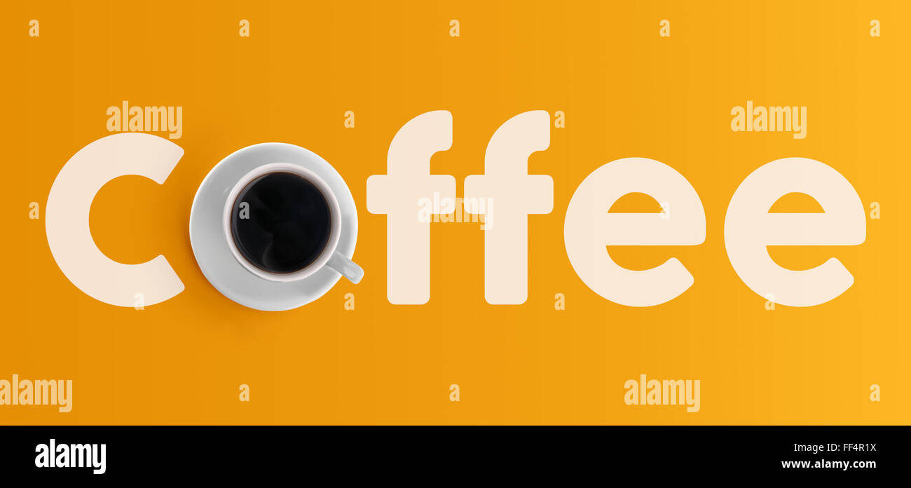 Draufsicht der Kaffeetasse, Konzept-Text-Banner auf leeren farbigen Hintergrund. Stockfoto