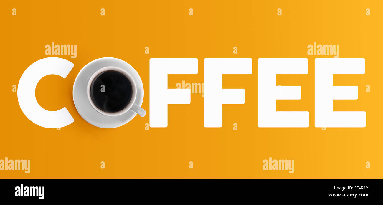 Kaffee-Konzept-Banner-Design mit Text und Becher aus Draufsicht auf farbigem Hintergrund. Stockfoto