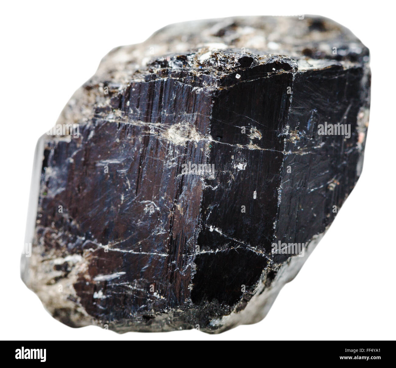 Makroaufnahmen von mineralischen Naturstein - Schörl (schwarzer Turmalin) Edelstein isoliert auf weißem Hintergrund Stockfoto