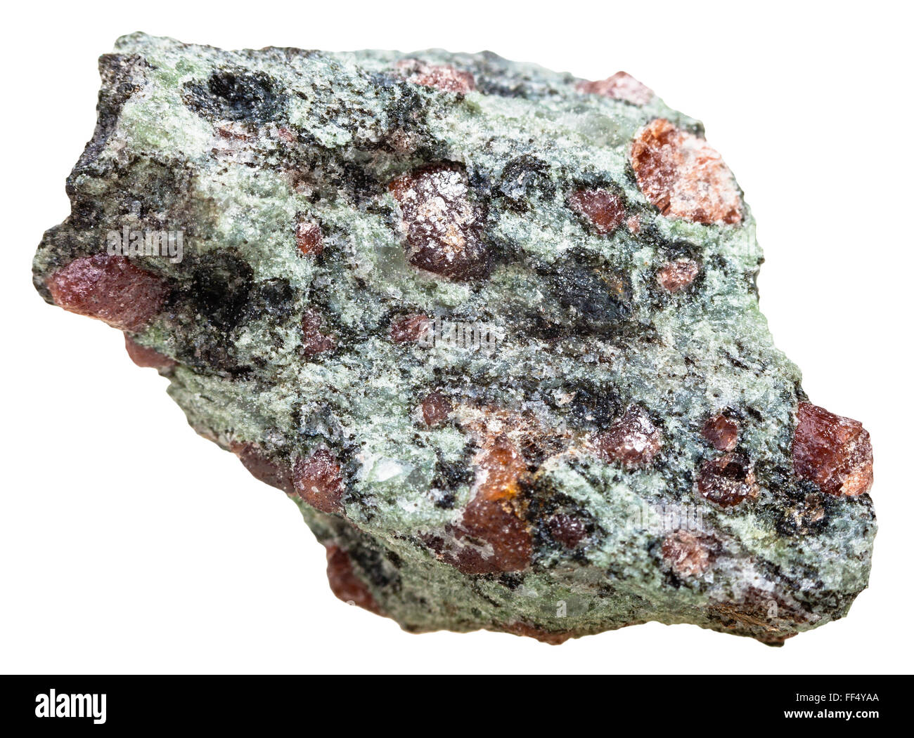 Makroaufnahmen von mineralischen Naturstein - Eklogit Stück mit Granat (rot) und kristallinen Omphazit (grau-grün) Grundmasse Stockfoto