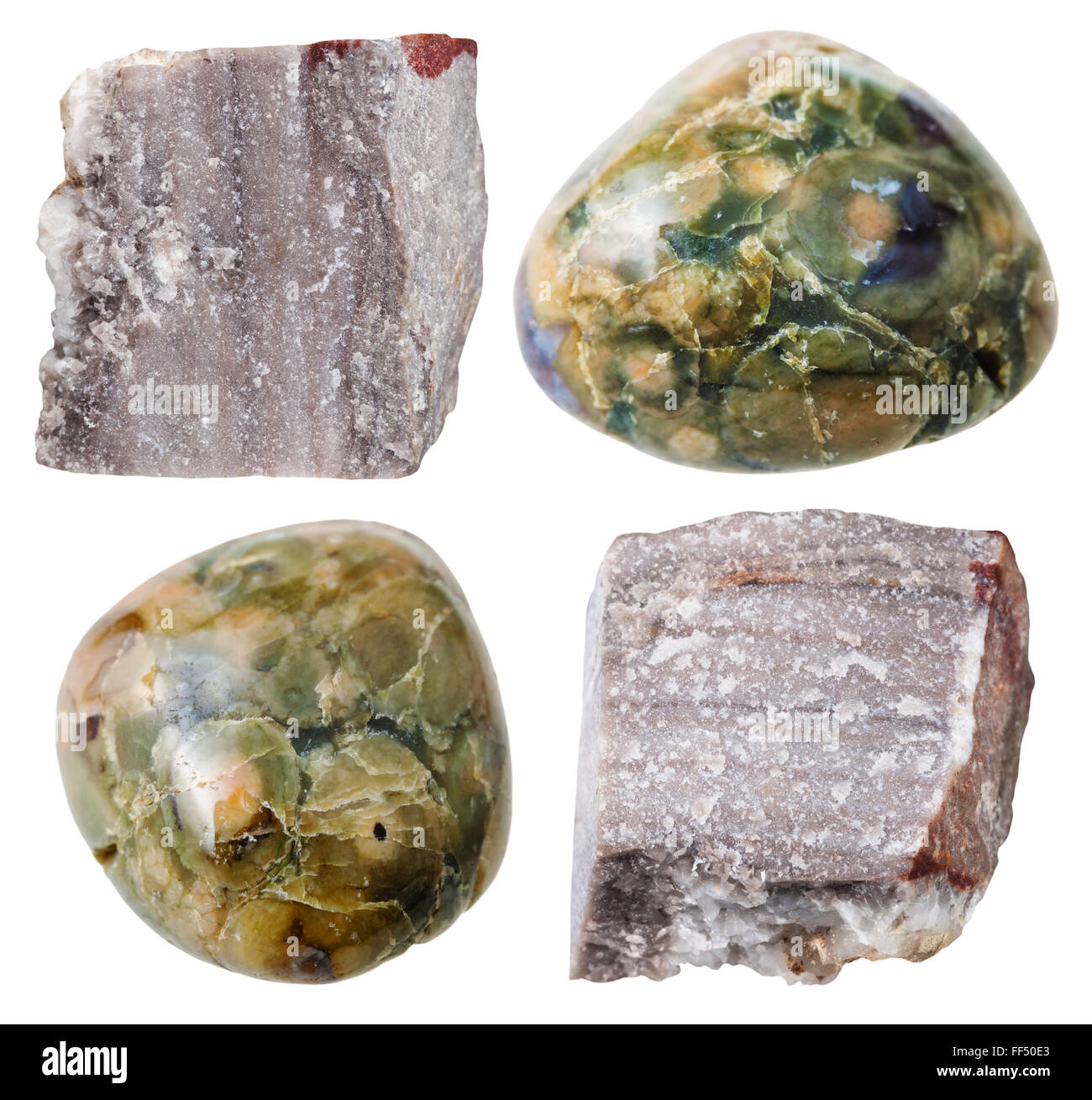 Satz von natürlichen mineralischen Steinen - Exemplare von Rhyolith getrommelt, Edelsteine und Felsen isoliert auf weißem Hintergrund Stockfoto