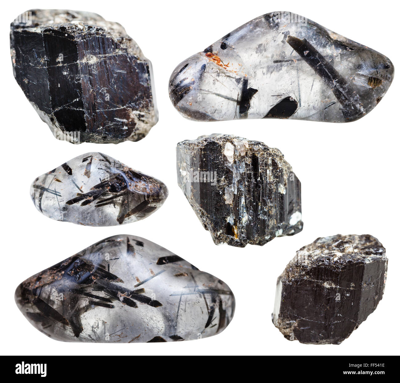 natürliches Mineral stones - Exemplare von Schörl (schwarzer Turmalin) in Kristallen und Quarz Edelsteine getrommelt und Felsen zu isolieren Stockfoto