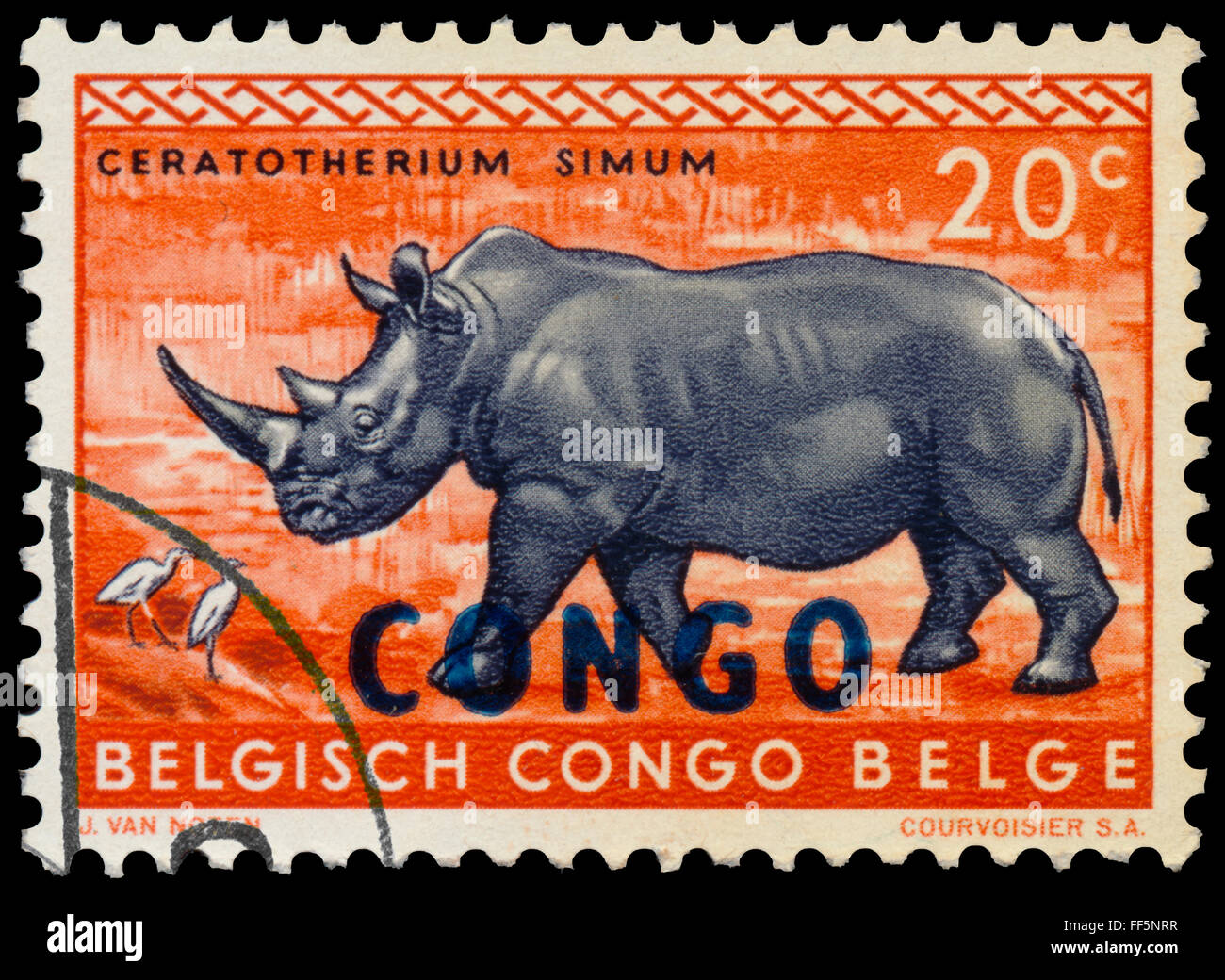 Belgisch-Kongo - ca. 1959: eine Briefmarke gedruckt in Belgisch-Kongo zeigt Nashorn Stockfoto