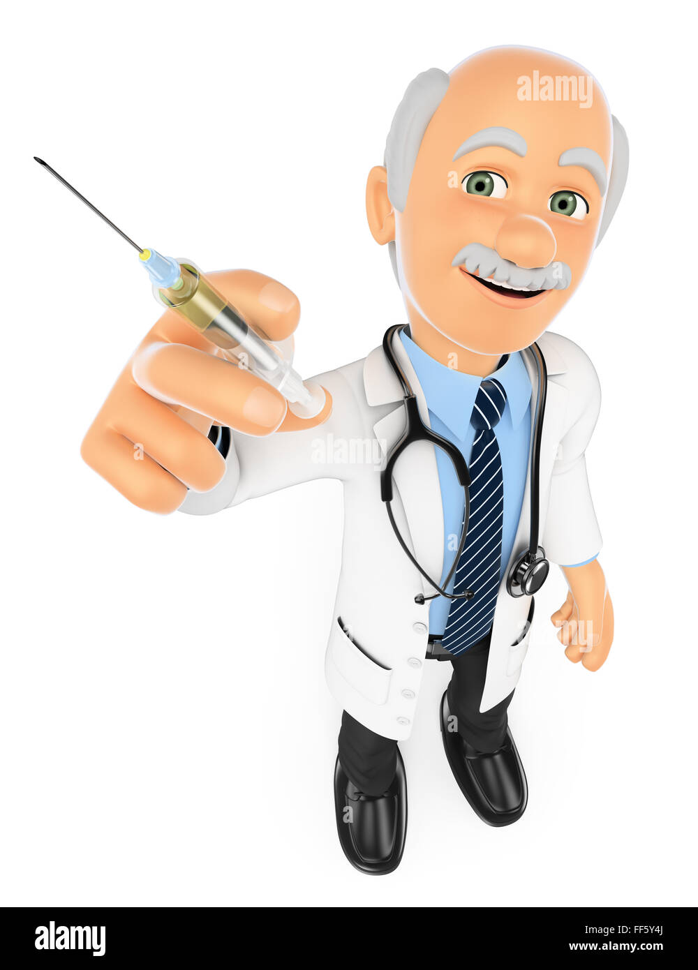 3d-medizinische Leute. Arzt mit einer Spritze. Impfstoff Konzept. isoliert weißer Hintergrund. Stockfoto
