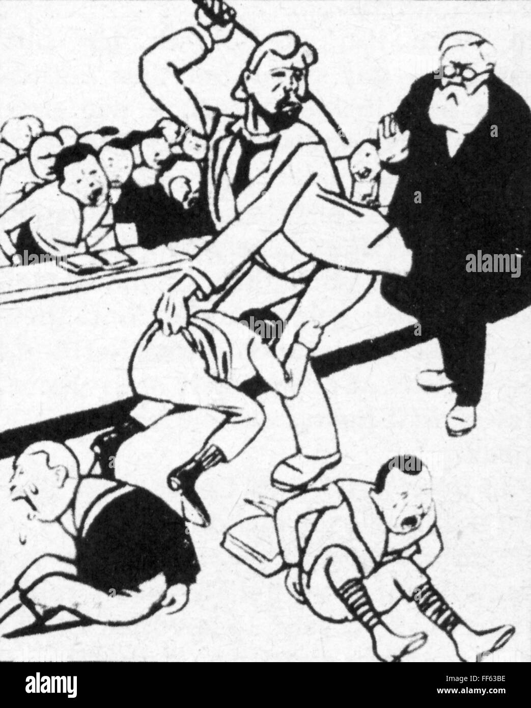 Pädagogik, Karikatur, Verfechtung an einer preußischen Schule, Zeichnung, aus einer Arbeiterzeitung, 1905, Zusatzrechte-Clearences-nicht vorhanden Stockfoto