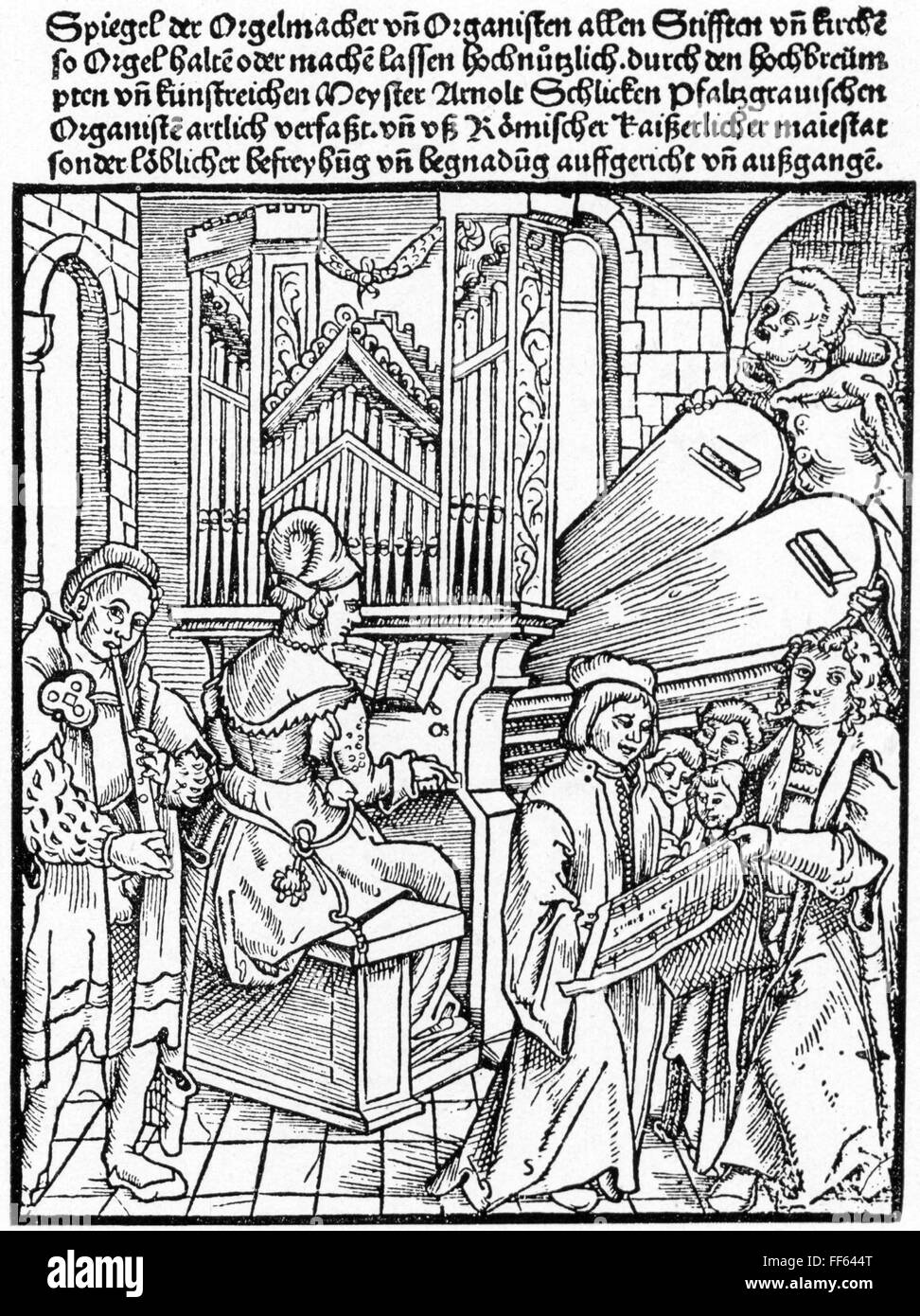 Musik, Instrument, Keyboard, Orgel, Holzschnitt, 'Orgel der Orgelmacher und Orgelspieler' von Arnold Schlick, Speyer, 1511, Zusatz-Rechte-Clearences-nicht vorhanden Stockfoto