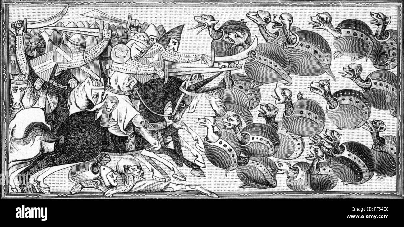 Literatur, Mittelalter, Alexander Romance, Alexander 'der große' im Kampf gegen Schildkröten, nach Miniatur, 13. Jahrhundert, Holzstich, 19. Jahrhundert, Zusatzrechte-Clearences-nicht vorhanden Stockfoto