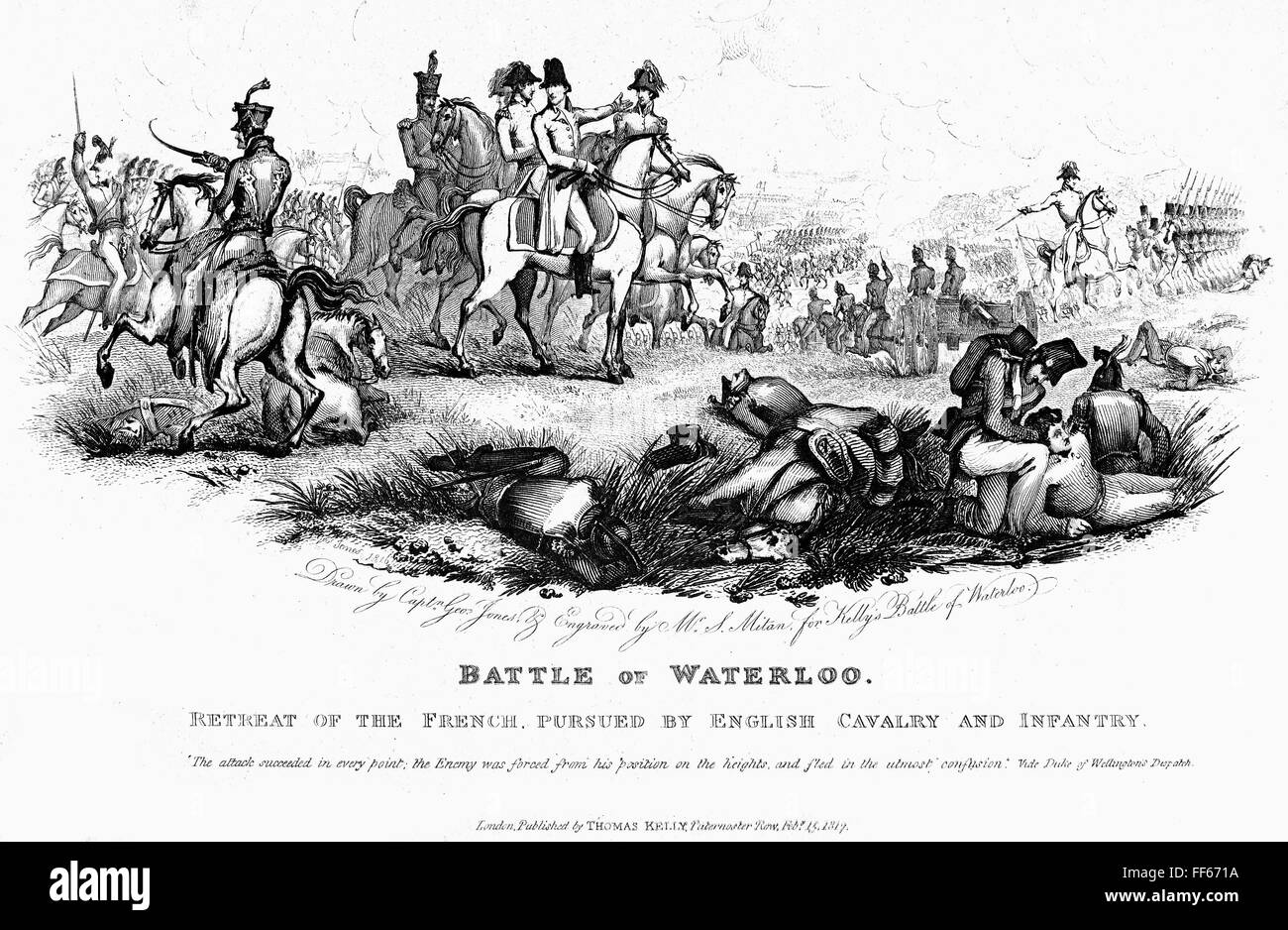 I: NAPOLEON WATERLOO 1815. /nThe Schlacht bei Waterloo, 18. Juni 1815. Linie, Gravur, Englisch, 1817. Stockfoto