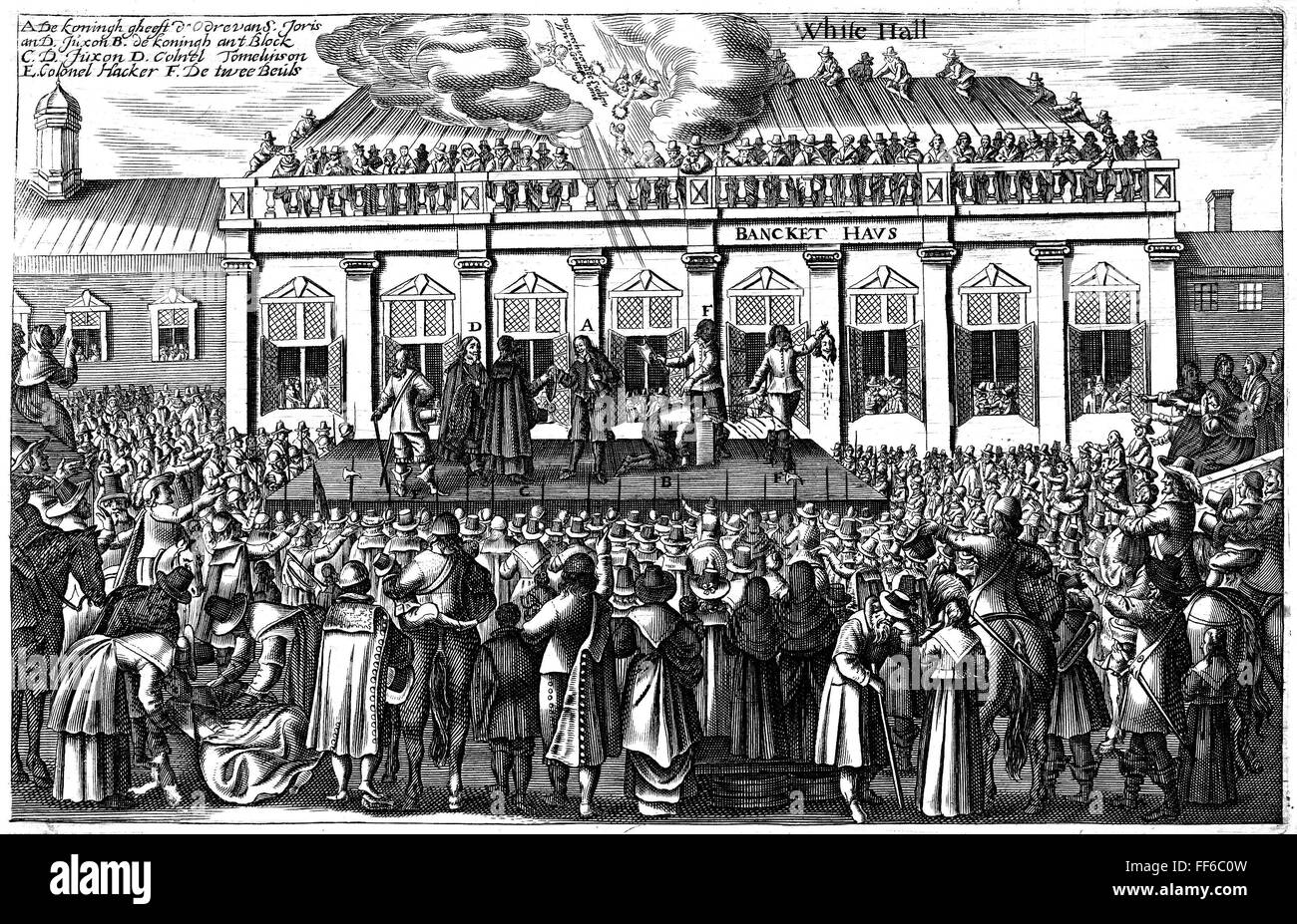 Ausführung von CHARLES I. /nThe Durchführung von König Charles i. von England in Whitehall, London, 30. Januar 1649. Zeitgenössischen niederländischen Kupfer gravieren. Stockfoto