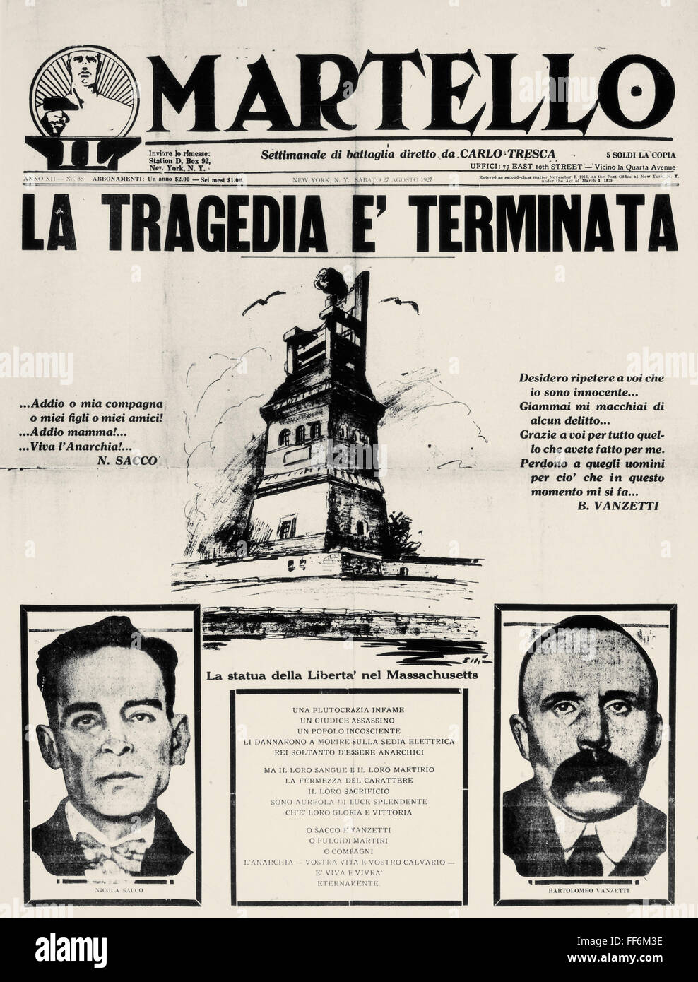SACCO & VANZETTI FRONTPAGE. /nThe Titelseite Carlo Trescas  italienischsprachige anarchistische Zeitung "Il Martello" (The Hammer),  veröffentlicht in New York vier Tage nach der Hinrichtung von Nicola Sacco  und Bartolomeo Vanzetti am 23.