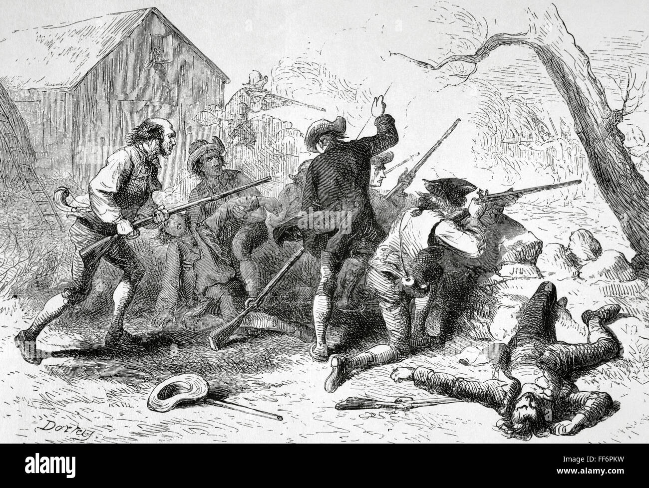 Amerikanischer Unabhängigkeitskrieg (1775-1783). Schlachten von Lexington und Concord. 19. April 1775. Kupferstich von Darley. Die amerikanische Revolution, 19. Jahrhundert. Stockfoto