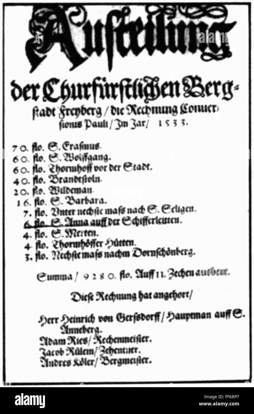 Bergbau, Dokumente, Konto, Teilung der Wahlbergbaustadt Freiberg, 1533, Zusatz-Rechte-Freierteilung-nicht vorhanden Stockfoto