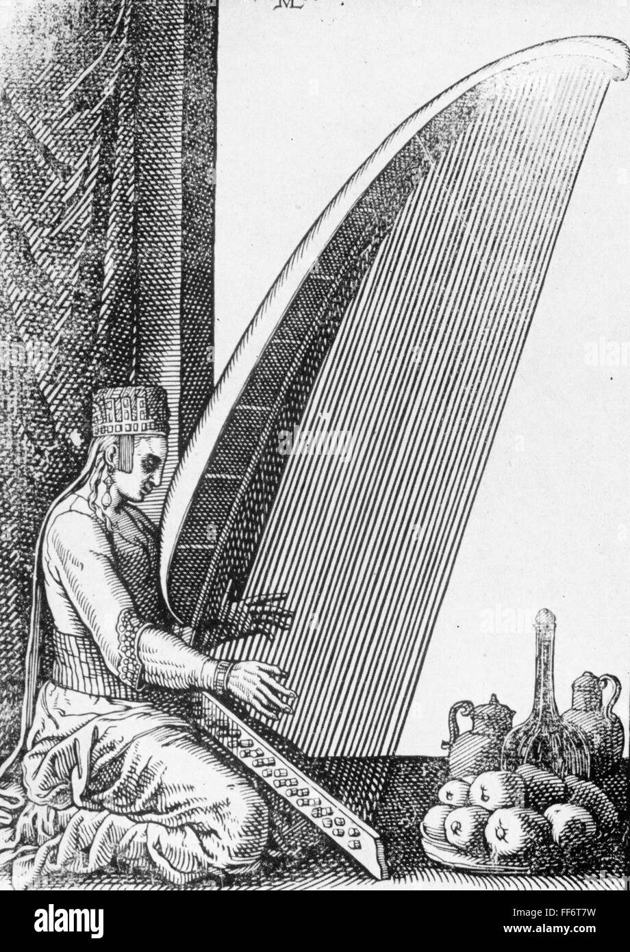 Musik, Musiker, Türkische Harfenistin, nach Kupferstich von Melchior Lorck, 1583, Artist's Urheberrecht nicht geklärt zu werden. Stockfoto