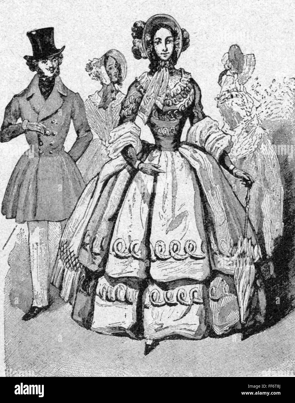 Mode, 19. Jahrhundert, bürgerliche Frau im Kleid mit Korsett, Holzstich, Modezeitschrift, 1832, Additional-Rights-Clearences-not available Stockfoto