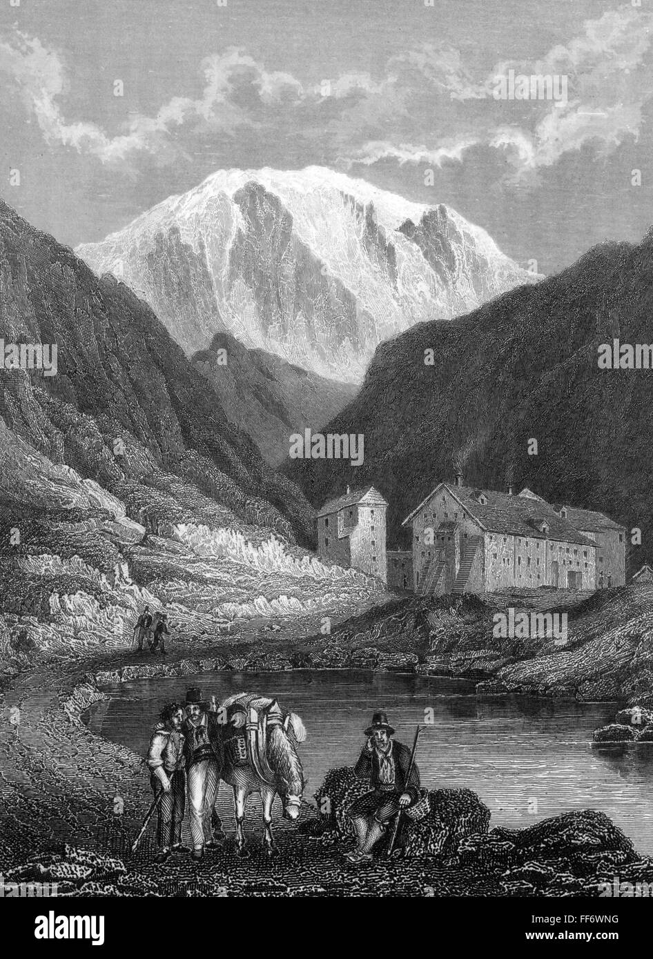 Geographie / Reisen, Schweiz, Reittiere, Grosser Sankt Bernhard, Gipfel mit Hospiz des Augustiner-Kanons, Stahlstich nach C. Reiss, 19. Jahrhundert, Augustiner, Katholischer Orden, Hinny, Hinnies, Maultier, Spumper, Tiere, Tier, Güter, Gütertransport, sumpter, Träger, Träger, Beruf, Berufe, Menschen, Maultierpfad, Trail, Trails, Berge, Berg, Alpenpass, Alpenpässe, Walliser Alpen, Kanton Wallis, Mitteleuropa, Reittiere, Berg, Hospiz, Hospizen, Stahlgravur, Stahlgravuren, historisch, historisch, Zusatzrechte-Clearences-nicht verfügbar Stockfoto