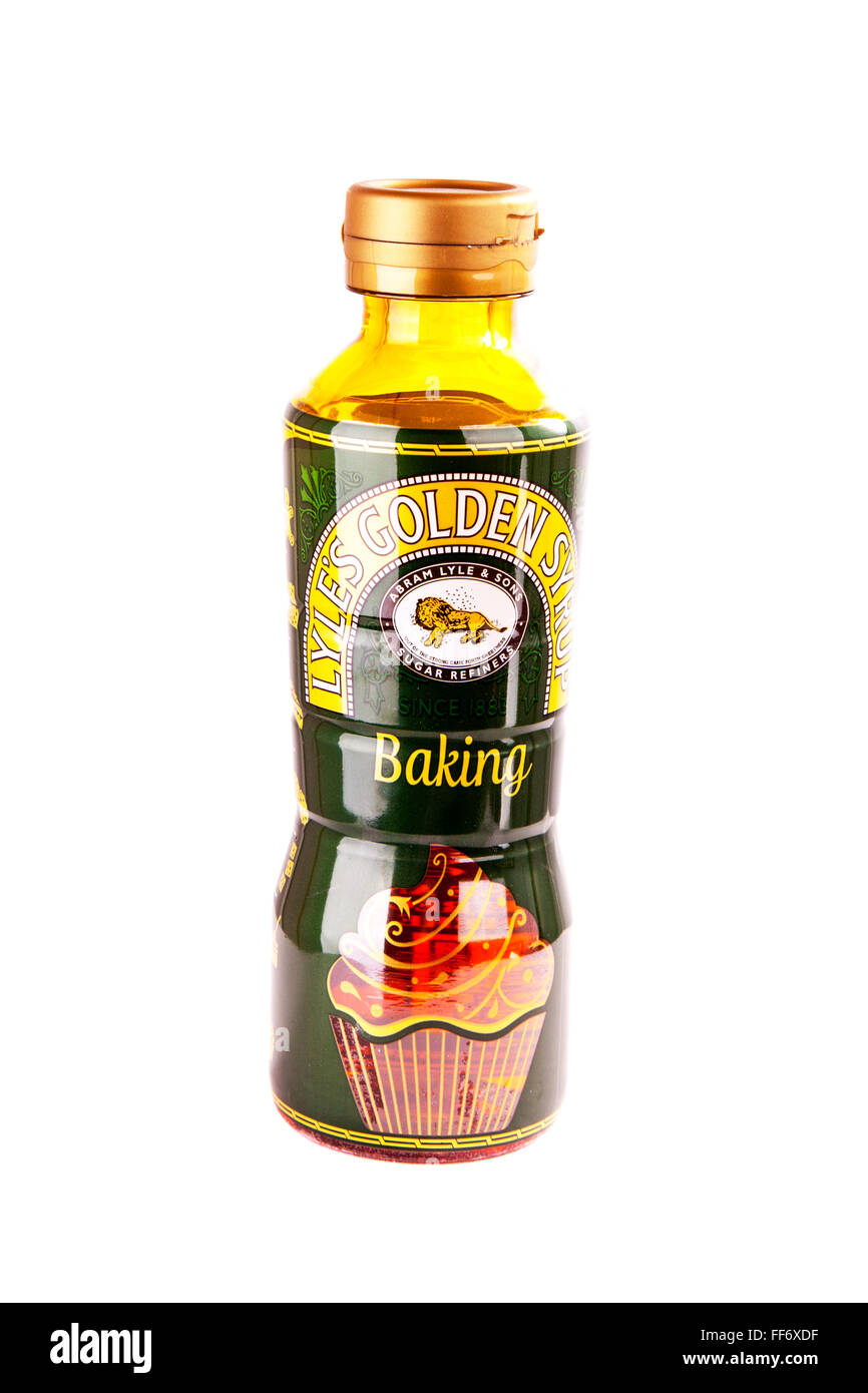 Lyles Golden Sirup Flasche Zutat süße Zusatz zu Pudding Backen ausgeschnitten Ausschnitt weißen Hintergrund isoliert Stockfoto