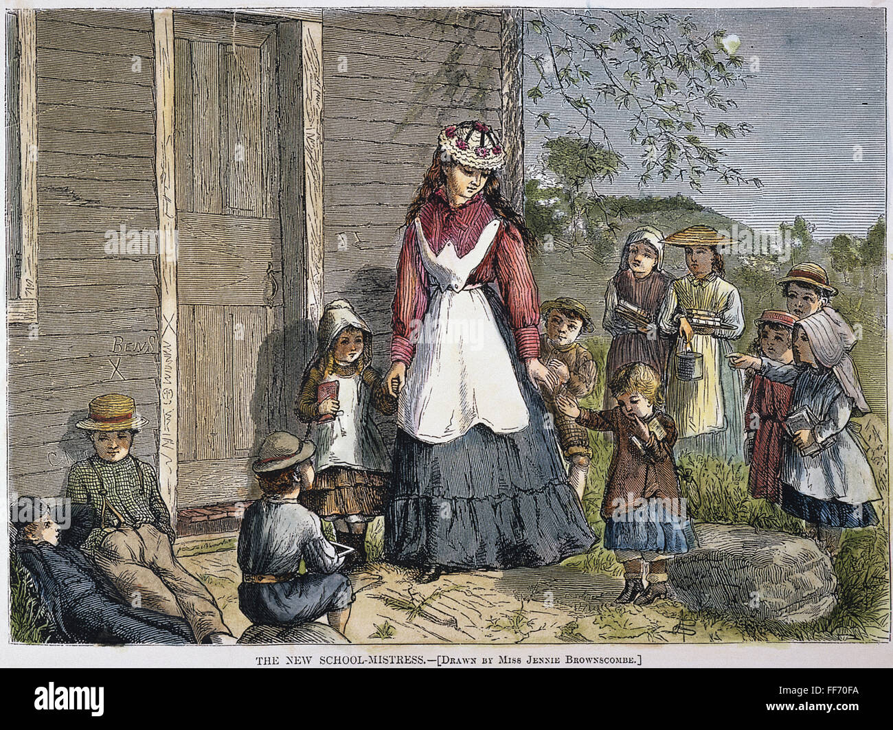DIE NEUE SCHULE-HERRIN. /nAn amerikanische Landschule. Farbe, Gravur, 1873. Stockfoto