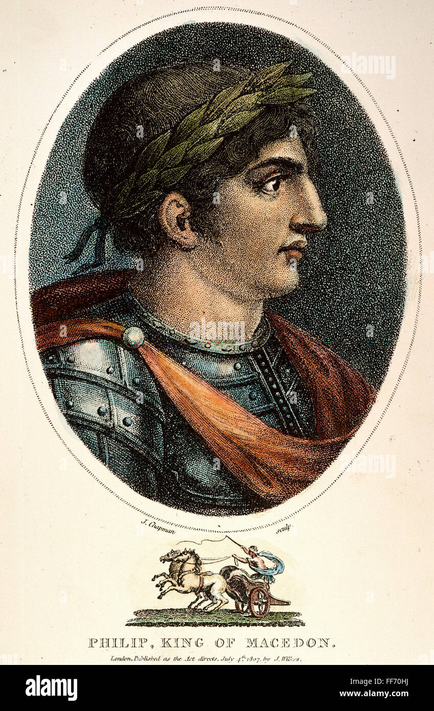 Philipp II. von Makedonien/n (382-336 v. Chr.). König von Makedonien, 359-336 v. Chr. Stipple Gravur, Englisch, 1807. Stockfoto