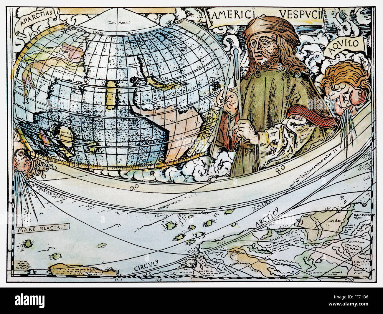 AMERIGO VESPUCCI (1454-1512). /nDetail Karte der Welt und Berücksichtigung der Vespucci's voyage, 1507, von Martin Waldseemüller, der vorschlug, dass die neue Welt "Amerika." benannt werden Stockfoto