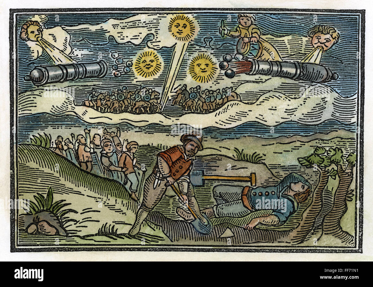 METEORE, 1628. /nThe Artillerie der himmlischen Legionen, die die Erde mit Meteoriten bombardiert. Deutsche Farbe Holzschnitt, 1628. Stockfoto
