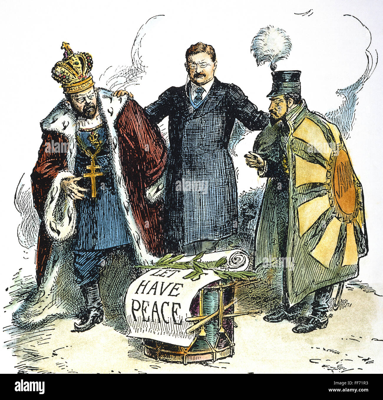 RUSSISCH-JAPANISCHEN KRIEGES 1905. /n'Let us Peace. " Eine amerikanische Cartoon von 1905 hagelt Präsident Theodore Roosevelt Friedensbemühungen, die beendet den russisch-japanischen Krieg. Stockfoto