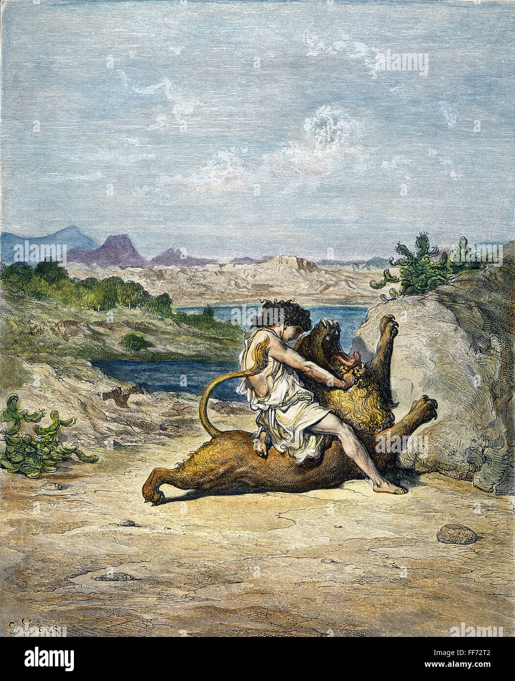 SAMSON EINEN LÖWEN TÖTEN. / n (Richter 14:5, 6). Farbe nach Gustave DorΘ gravieren. Stockfoto
