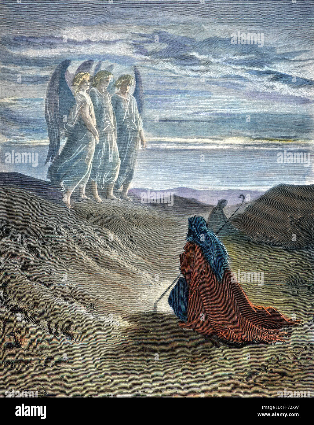 ABRAHAM & DREI ENGEL. /nColor Stich nach Gustave DorΘ, 19. Jahrhundert. Stockfoto
