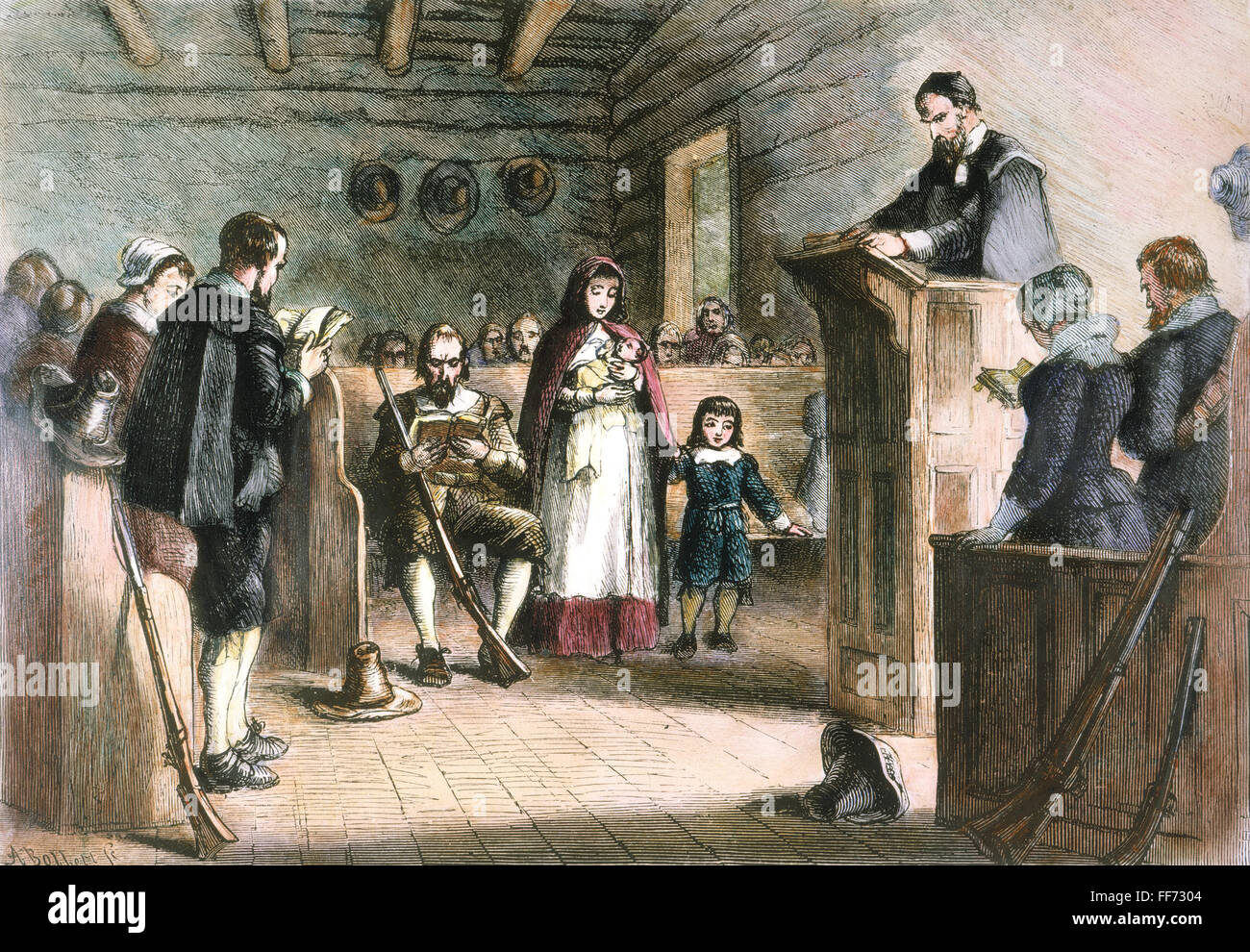 PILGERN IN DER KIRCHE. /nPublic Gottesdienst in Plymouth, Massachusetts, von den Pilgern. Holzstich, 19. Jahrhundert. Stockfoto
