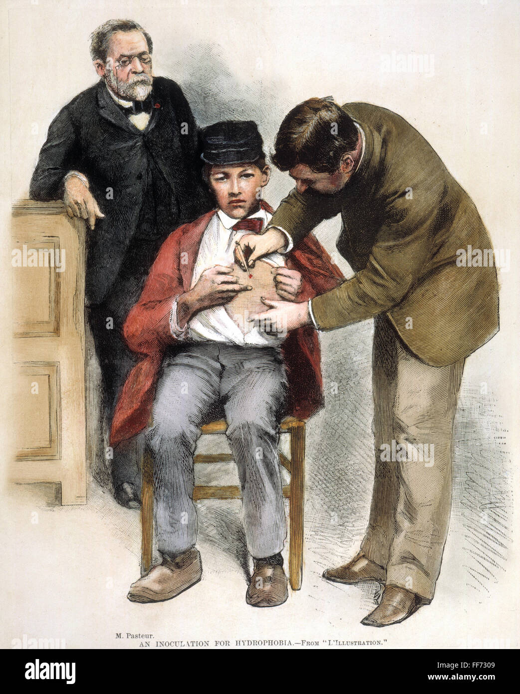LOUIS PASTEUR (1822-1895). /nFrench Chemiker und Mikrobiologe. Pasteur (links) betreut als 9-Year-Old Joseph Meister, der von einem tollwütigen Hund gebissen worden war, für Tollwut, 6. Juli 1885 geimpft ist. Zeitgenössische französische Holzstich. Stockfoto