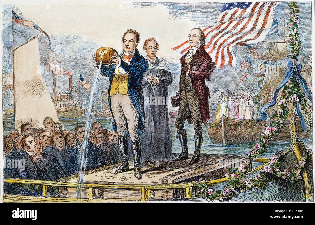 ERIE-KANAL ÖFFNEN, 1825. /nNew Yorker Gouverneur DeWitt Clinton strömendem Wasser vom Eriesee in den Atlantischen Ozean auf die große Feier der Erie-Kanal im Hafen von New York, 4. November 1825. Holzstich, 19. Jahrhundert. Stockfoto