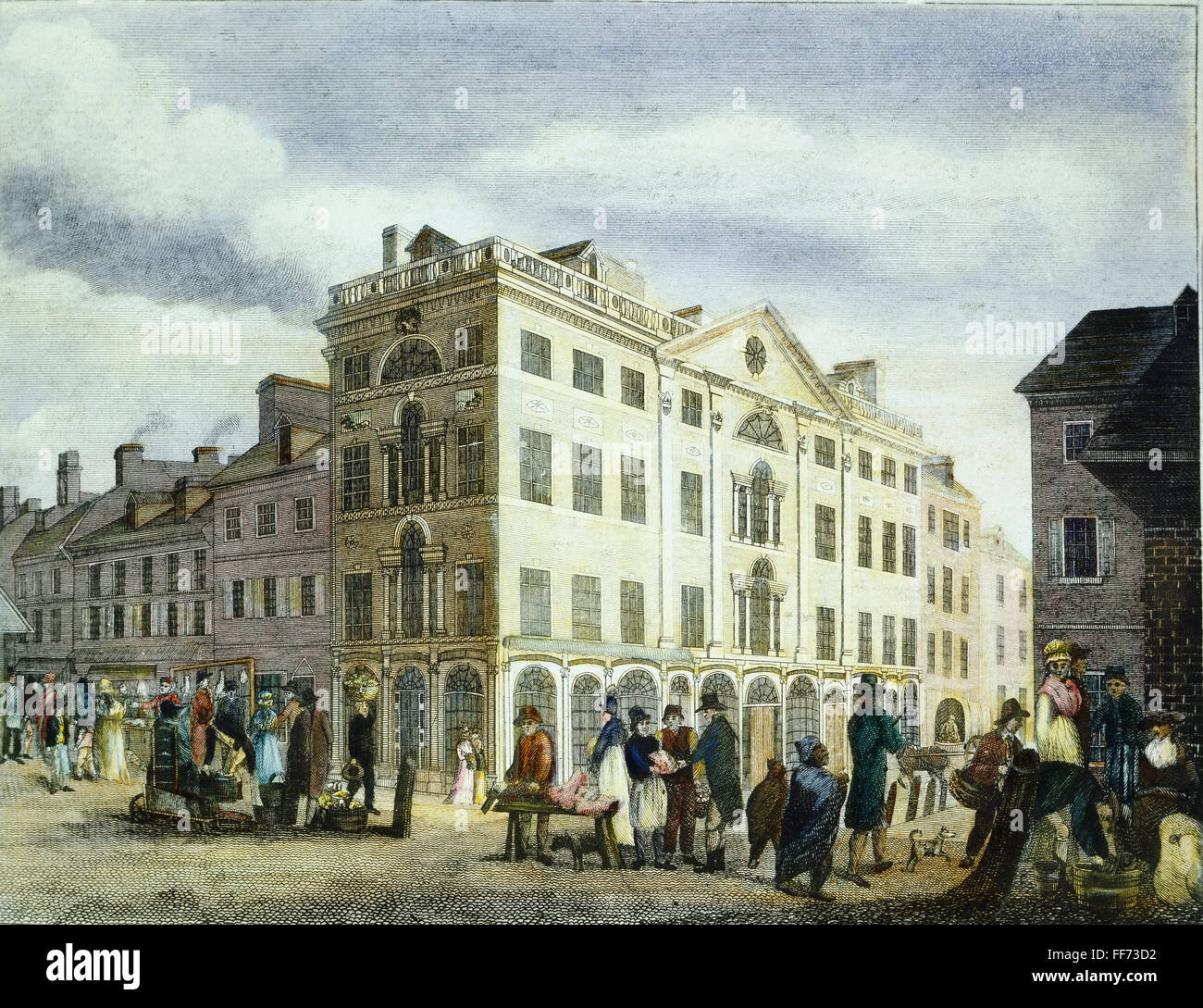 PHILADELPHIA, 1799. /nSouth Ost Ecke des dritten und Market Street, Philadelphia: farbige Gravur, 1799 von William Birch & Sohn. Stockfoto
