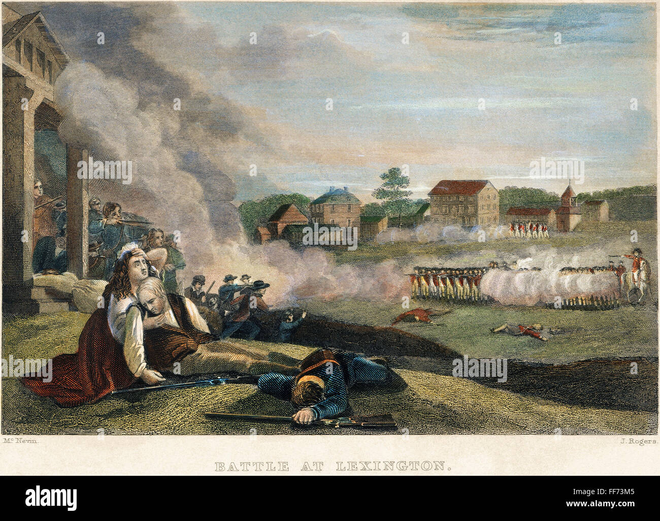 SCHLACHT VON LEXINGTON, 1775. /N19 April 1775. Farbe, Gravur, 19. Jahrhundert. Stockfoto