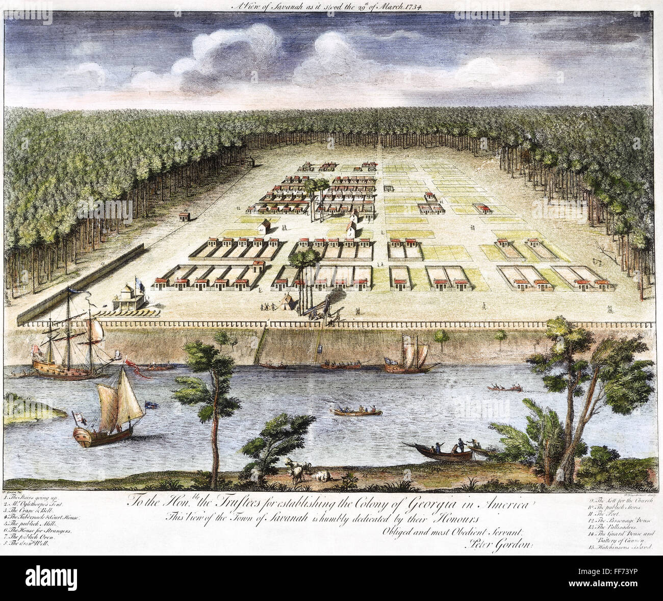 FRÜHESTE ANSICHT DER SAVANNE. /nThe frühestens bekannt Ansicht von Savannah, Georgia. Line-Gravur, 1734. Stockfoto