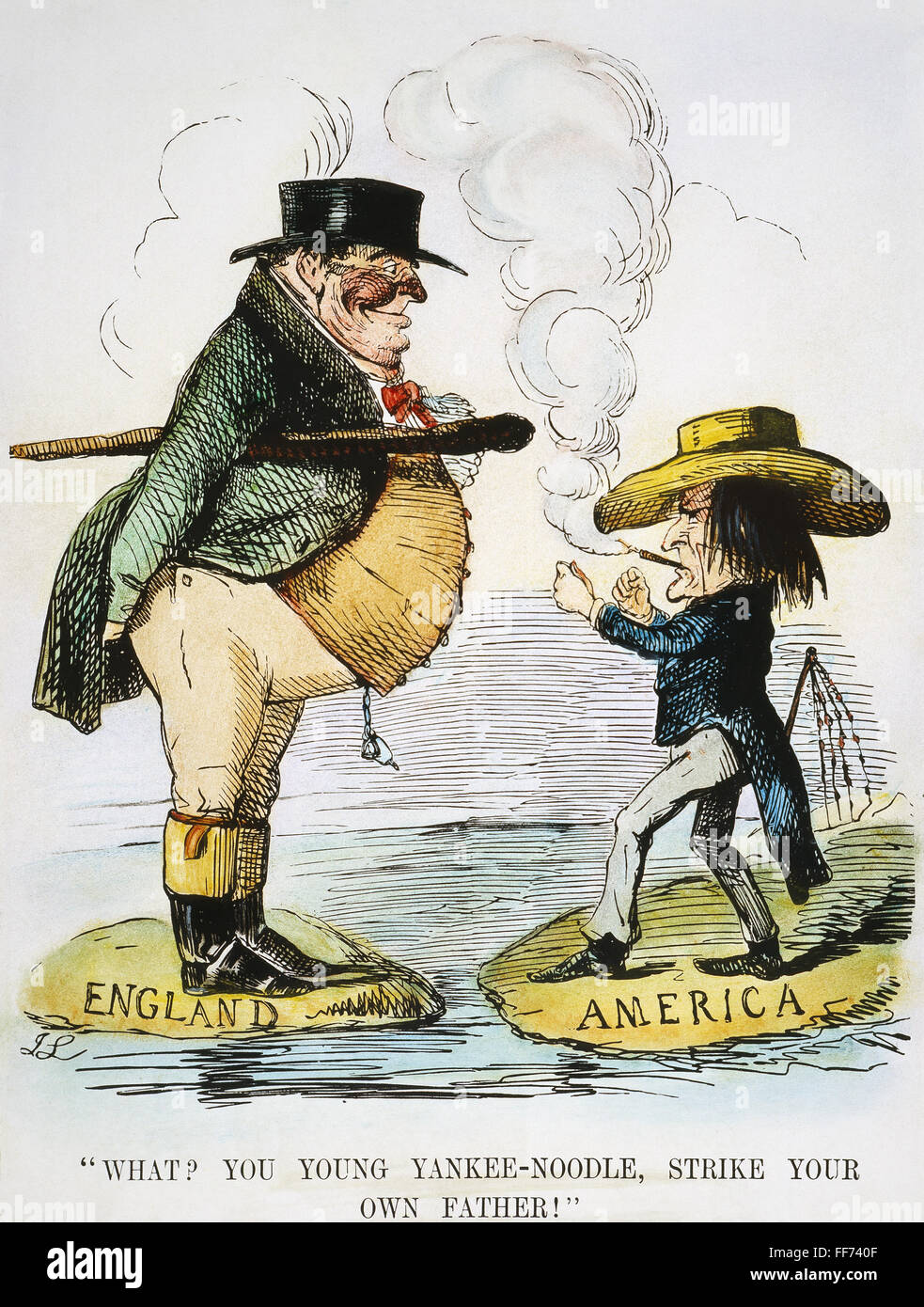 1846-OREGON GRENZE. /n'What?... Ihre eigenen Vater zu schlagen! ": eine englische Sicht auf den Oregon Grenzstreit aus 'Punch' Darstellung John Bull und Bruder Jonathan, der Vorläufer des Onkel Sam, 1846. Stockfoto