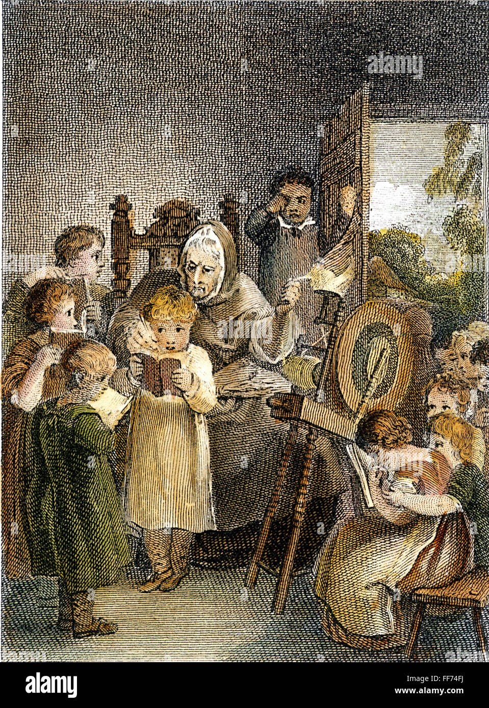 DAME SCHULE. /nAn Anfang des 19. Jahrhunderts Dame Schule: farbige Stahlstich, 1812. Stockfoto