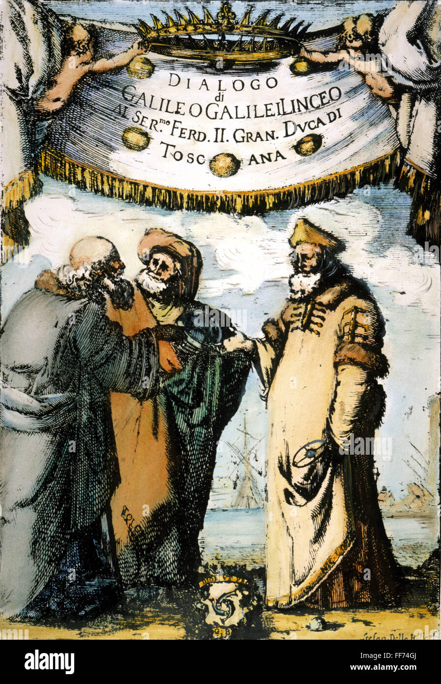 GALILEO GALILEI-/n(1564-1642). Galileo (links) im Gespräch mit Ptolemäus (Mitte) und Copernicus: gravierte Frontispiz zu Galileos "... Dialogo Sopra ich due Massimi Sistemi del Mondo" 1632. Stockfoto