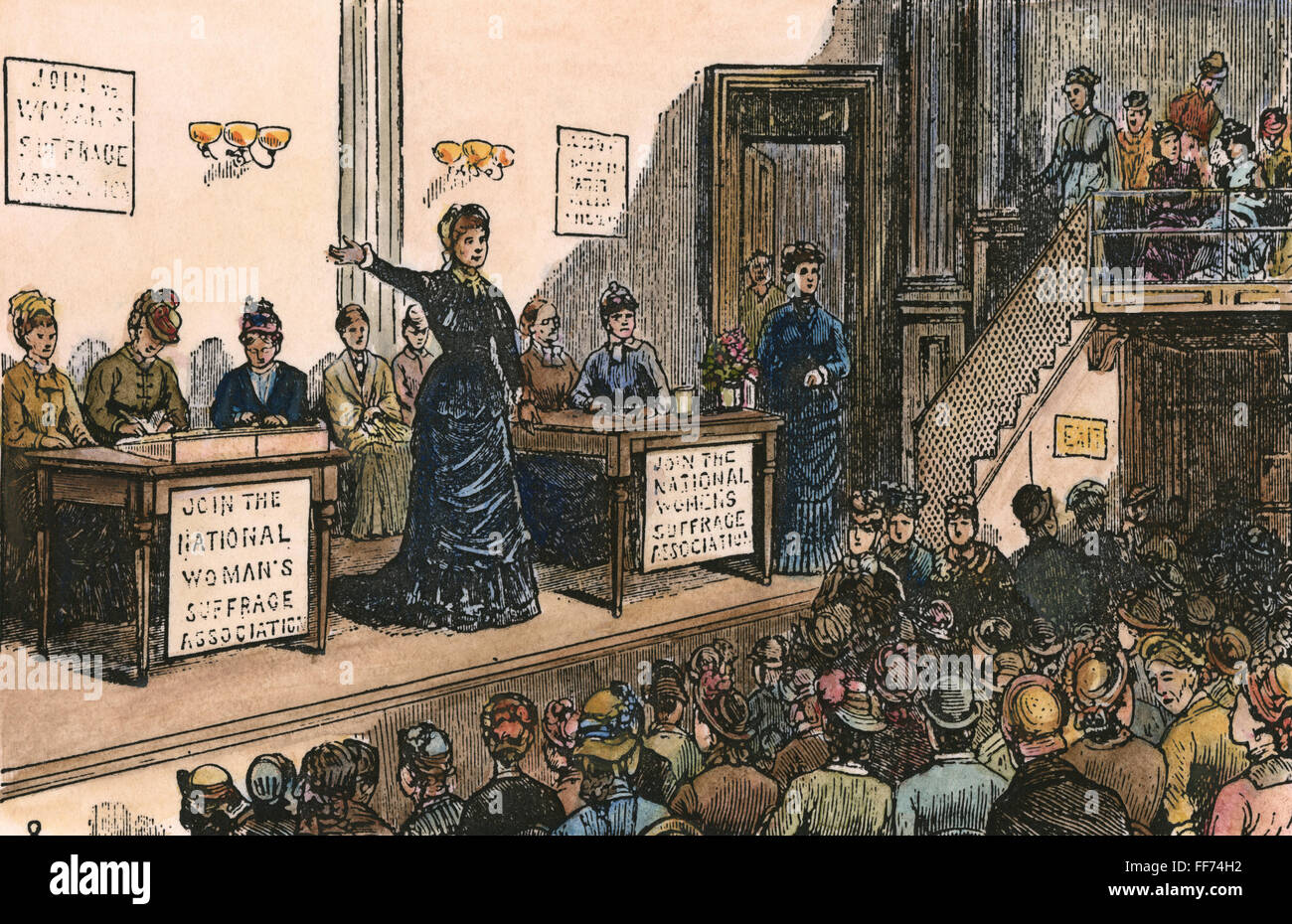 DIE RECHTE DER FRAU, DER 1870ER JAHRE. NUM-Treffen der National Women Suffrage Association in den 1870er Jahren mit Susan und Elizabeth Cady Stanton auf der Plattform. Zeitgenössischer Holzstich. Stockfoto